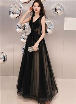 Picture of Black Color V-neckline Tulle Lace Applique Long Party Dresses Prom Dress, Black Color Evening Dress